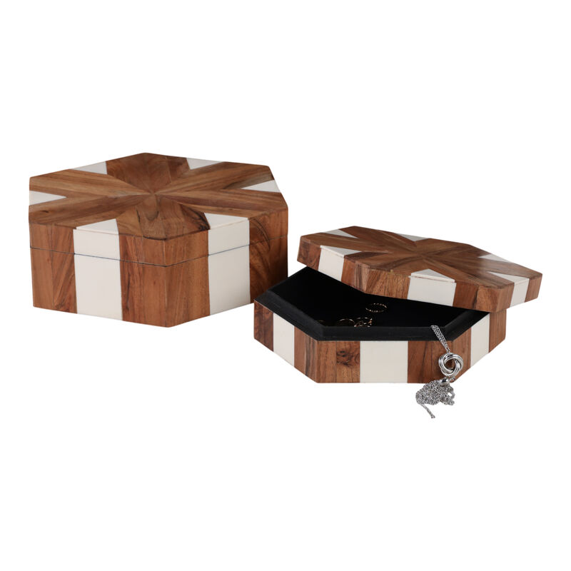 S/2 Wood Inlay Hexagon Boxes image number 1