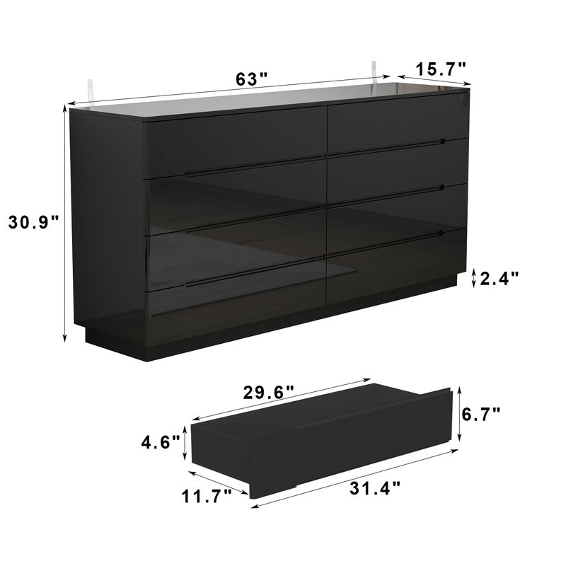 Black 8-Drawer 63 in. W Wood Double Dresser Chest of Drawers Bedroom Storage Organizer in With High Gloss and LED Lights
