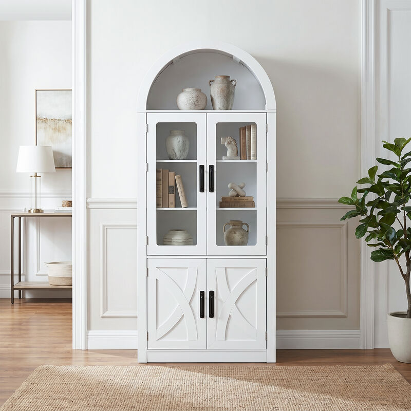 70" Tall Arched Modern White Wooden Pantry Storage Cabinet with Adjustable Shelves for Dining Room, Living Room, Kitchen image number 2