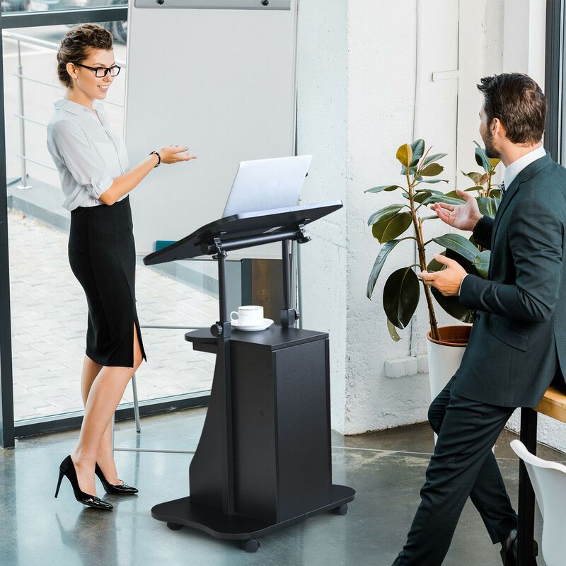 Adjustable Mobile Standing Desk Cart with Tilt Desktop and Cabinet