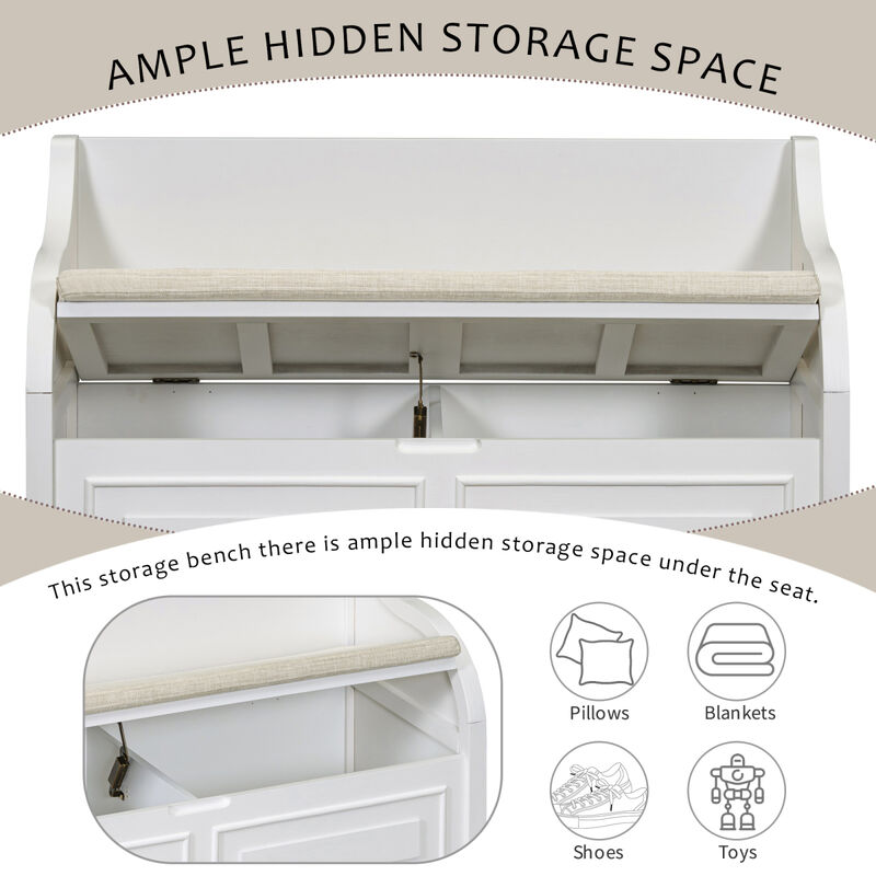 Rustic Style Solid Wood Entryway Multifunctional Storage Bench With Safety Hinge (Gray Wash+ Beige)