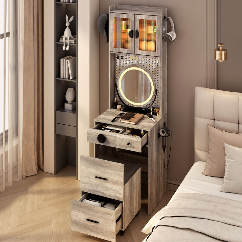 Small Vanity Desk with Mirror and LED Lights &ndash; Compact Makeup Table with Illuminated Mirror and Storage