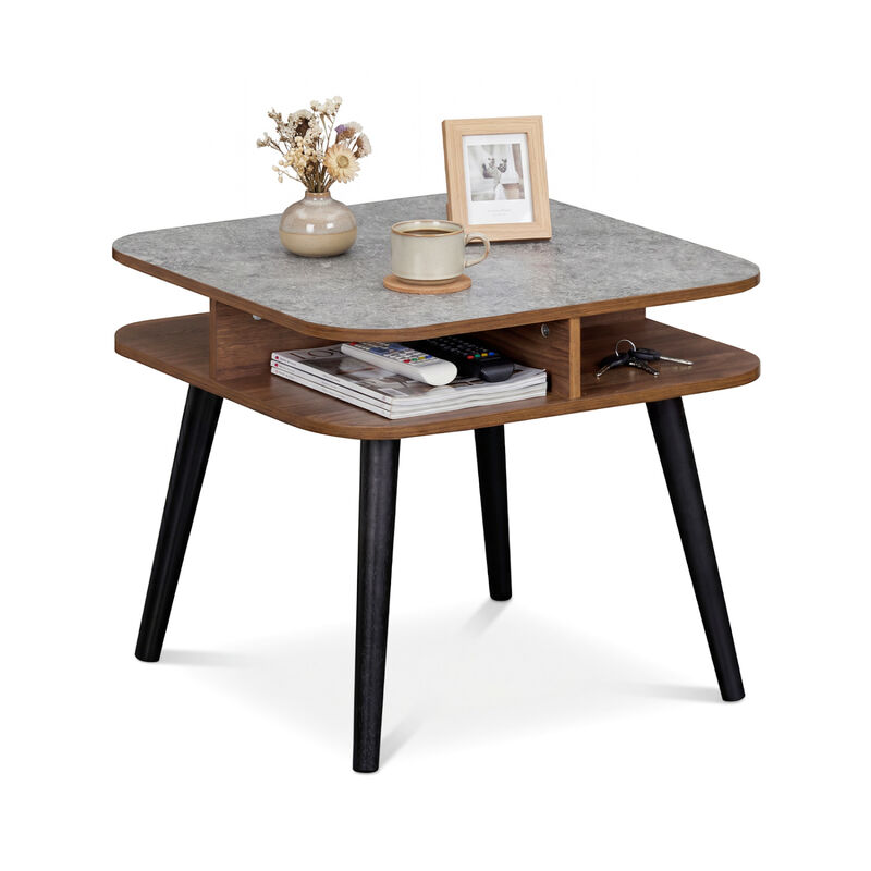 Wooden Side Table with Open Storage Shelves and Rubber Wood Legs image number 3