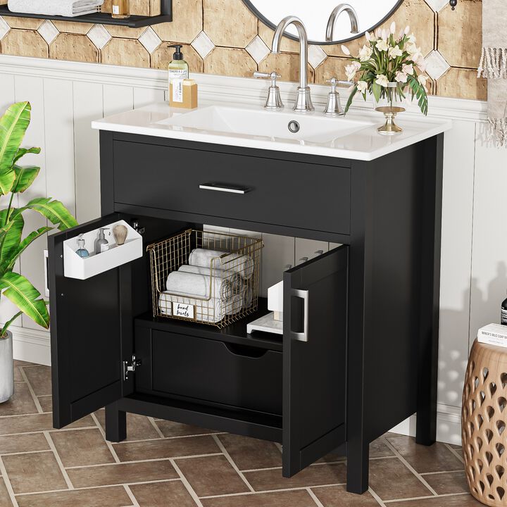 Modern 30-Inch Bathroom Vanity with  Ample Storage and Ceramic Sink - The Perfect Choice for Small Bathrooms