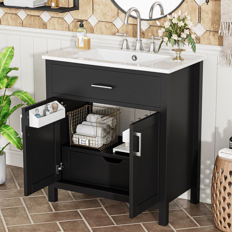 Modern 30-Inch Bathroom Vanity with  Ample Storage and Ceramic Sink - The Perfect Choice for Small Bathrooms