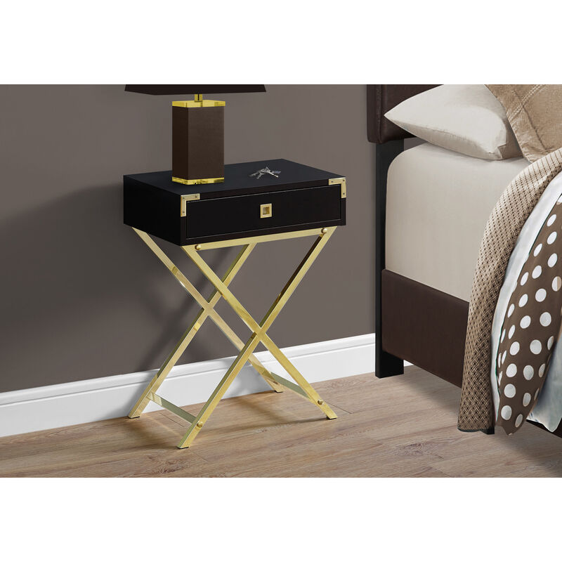 Monarch Specialties I 3556 Accent Table, Side, End, Nightstand, Lamp, Storage Drawer, Living Room, Bedroom, Metal, Laminate, Brown, Gold, Contemporary, Modern