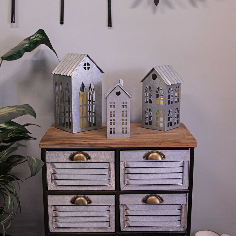Set of 3 Country Farmhouse Galvanized Metal House Shaped Candle Holders image number 6