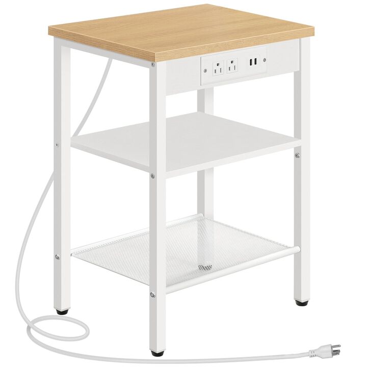 HOOBRO End Table with Charging Station and USB Ports, 3-Tier Nightstand with Adjustable Shelves, Small Side Table for Small Spac