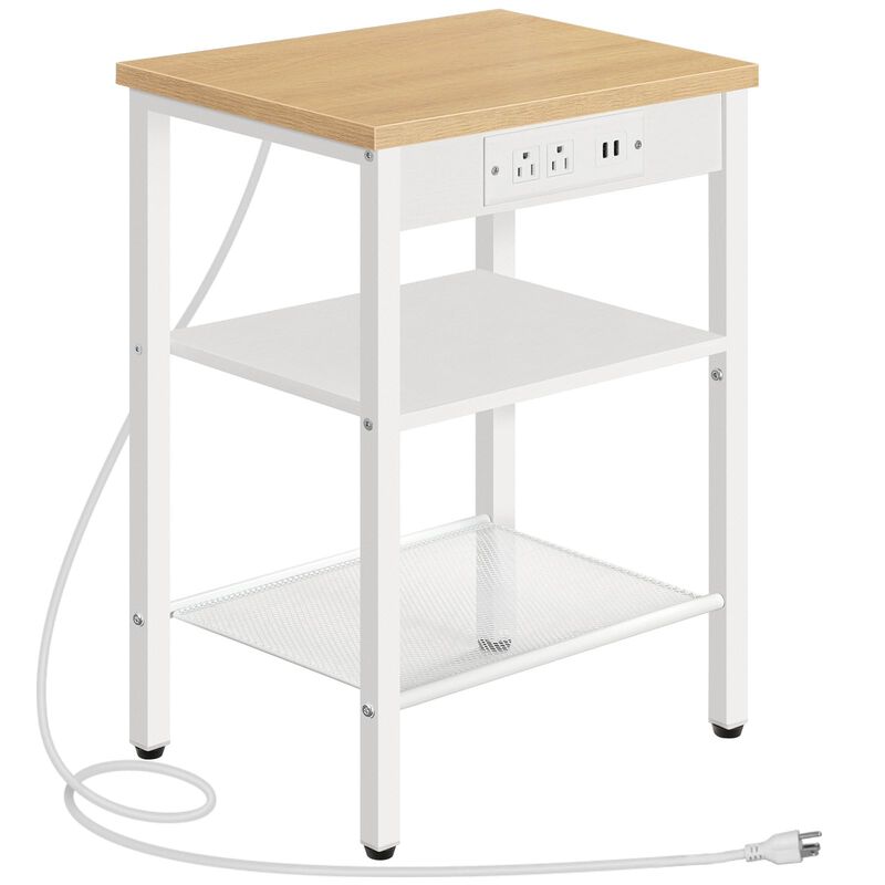 HOOBRO End Table with Charging Station and USB Ports, 3-Tier Nightstand with Adjustable Shelves, Small Side Table for Small Spac