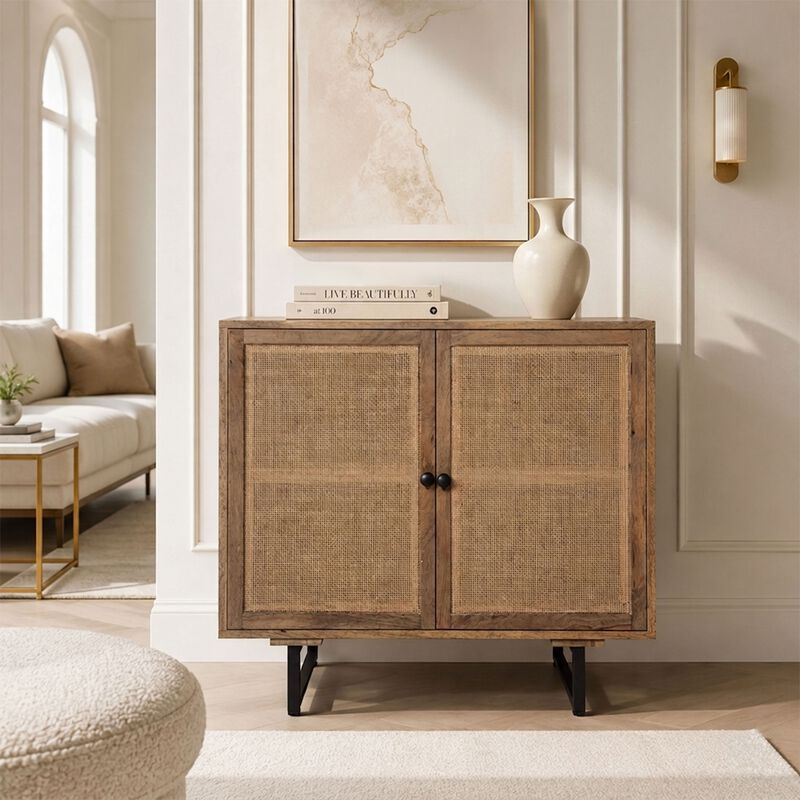 35 Inch Handcrafted Accent Cabinet with 2 Mesh Rattan Doors, Black Iron Legs, Natural Brown Mango Wood Frame image number 1