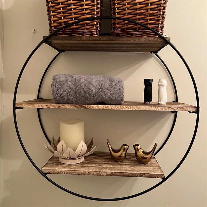 Hanging Storage Shelf Round Circular Wall Mounted 3-Tier Rack Decoration Black image number 2
