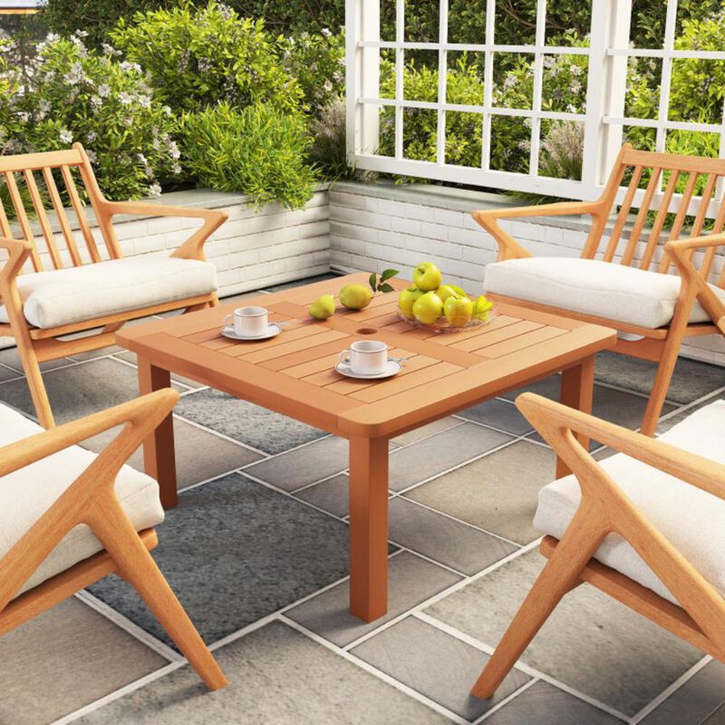 Hivvago Patio Coffee Table with Umbrella Hole and Teak Oil Finish