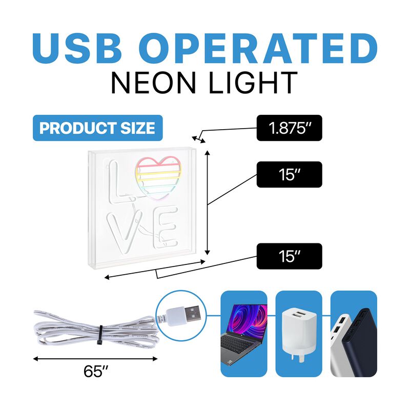 LOVE 15" Square Contemporary Glam Acrylic Box USB Operated LED Neon Light, White/Rainbow