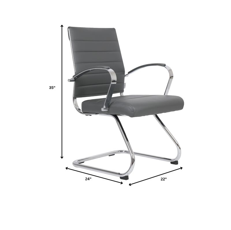LeisureMod Benmar Guest Office Chair, Ribbed Leather Upholstery with Chrome Arms and Sled Base, Modern Desk Seating for Home or Conference Room