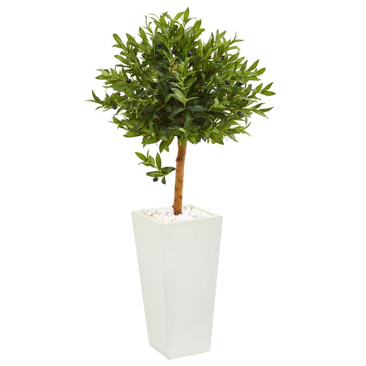 HomPlanti 4 Feet Olive Topiary Artificial Tree in White Planter UV Resistant (Indoor/Outdoor)