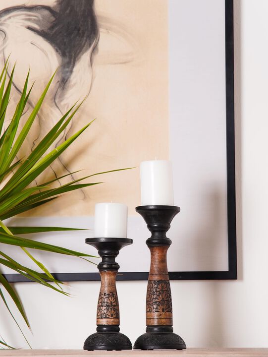 Traditional Black Wash Eco-friendly Handmade Mango Wood Set Of Two 6" & 9" Pillar Candle Holder