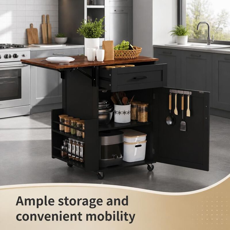 ELEMENT ACE Rolling Drop Leaf Kitchen Island Cart with Storage Drawer Open Side Rack Towel Rack Lockable Wheels for Small Kitchens image number 4