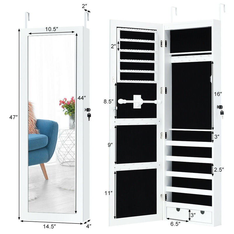 Door Mounted Lockable Mirrored Jewelry Cabinet with LED Lights