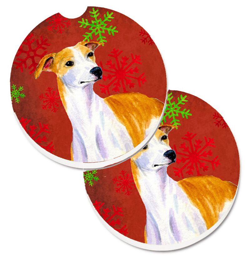 Caroline's Treasures Whippet Red & green Snowflakes Holiday Christmas Set of 2 Cup Holder Car Coasters LH9328CARC, 2.56, Multicolor image number 0