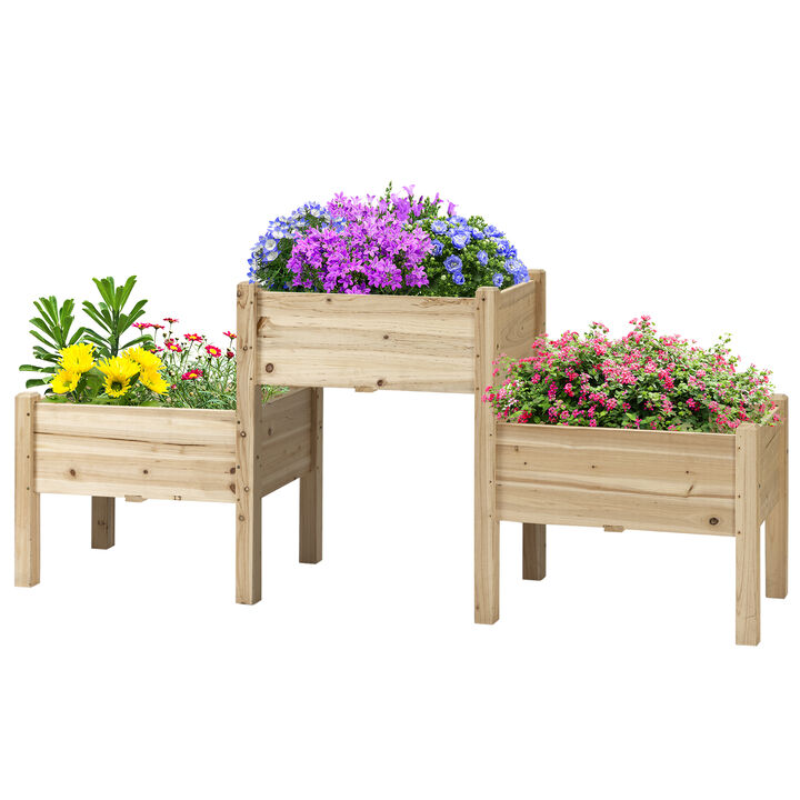Outsunny Raised Garden Bed with 3 Planter Box, Elevated Wooden Plant Stand with Drainage Holes, for Vegetables, Herb and Flowers, Natural