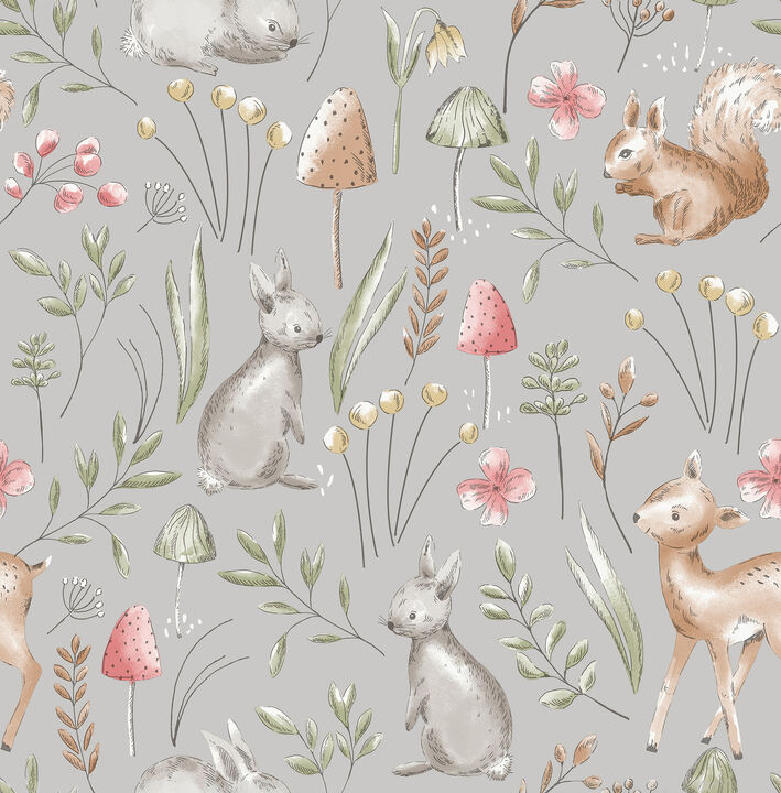 Forest Animals Grey Whimsical Wallpaper