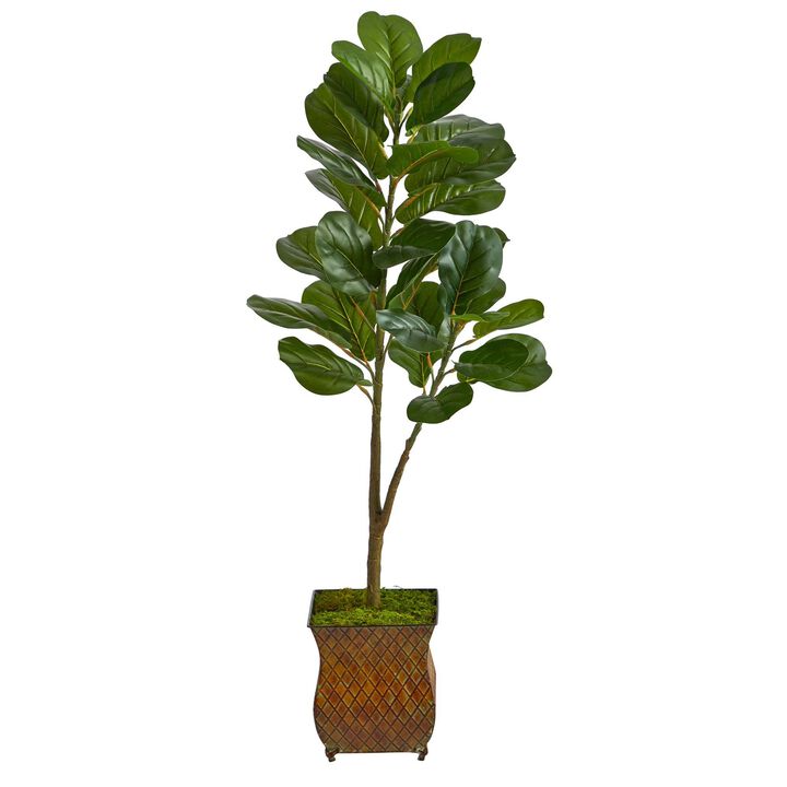 Nearly Natural 4-in Fiddle Leaf Fig Artificial Tree in Metal Planter