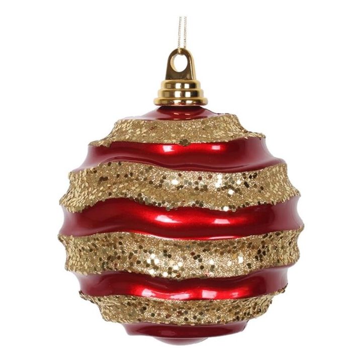 Vickerman 8" Christmas Ornament Wave Ball, Red and Gold Stripe Candy Finish with Glitter Accents, Shatterproof Plastic, Holiday Christmas Tree Decoration