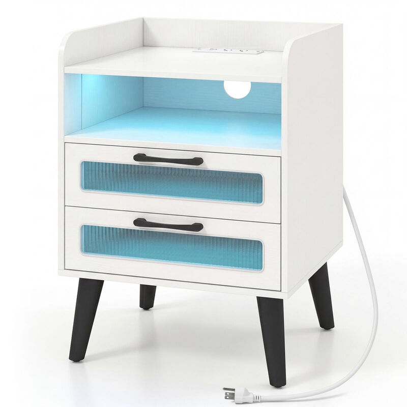 Modern Nightstand with LED Lights, Charging Station and Storage Drawer image number 0