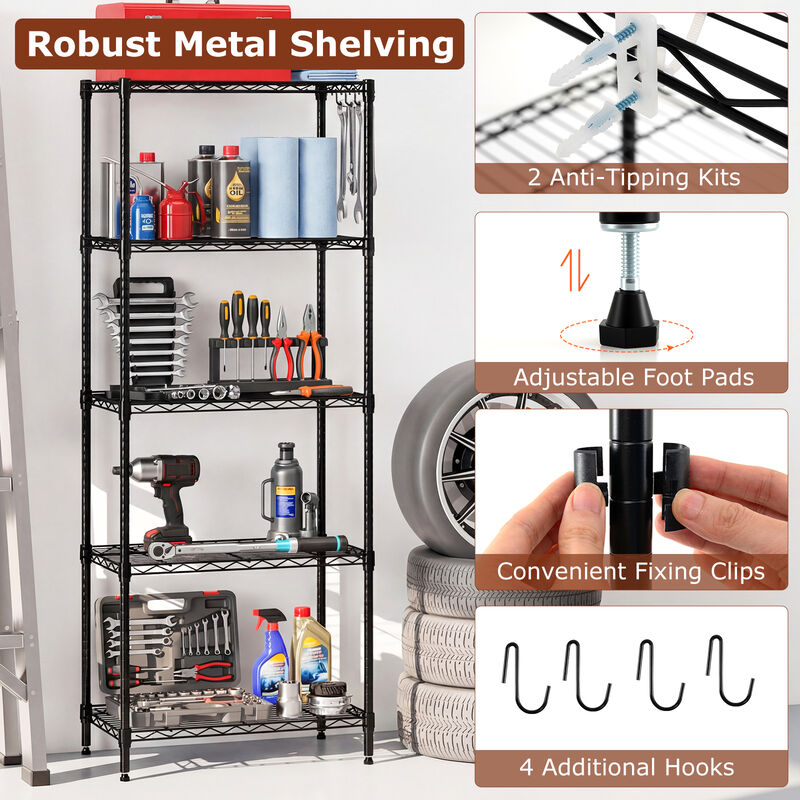 5 Tier Metal Storage Rack Set of 2 with V Shaped Wire Shelves for Home-Black image number 8