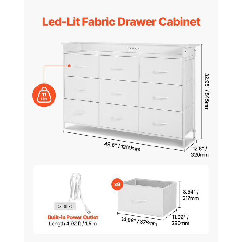 9 Drawer Dresser Tall Fabric Drawer Dresser with Bin LED & Outlet