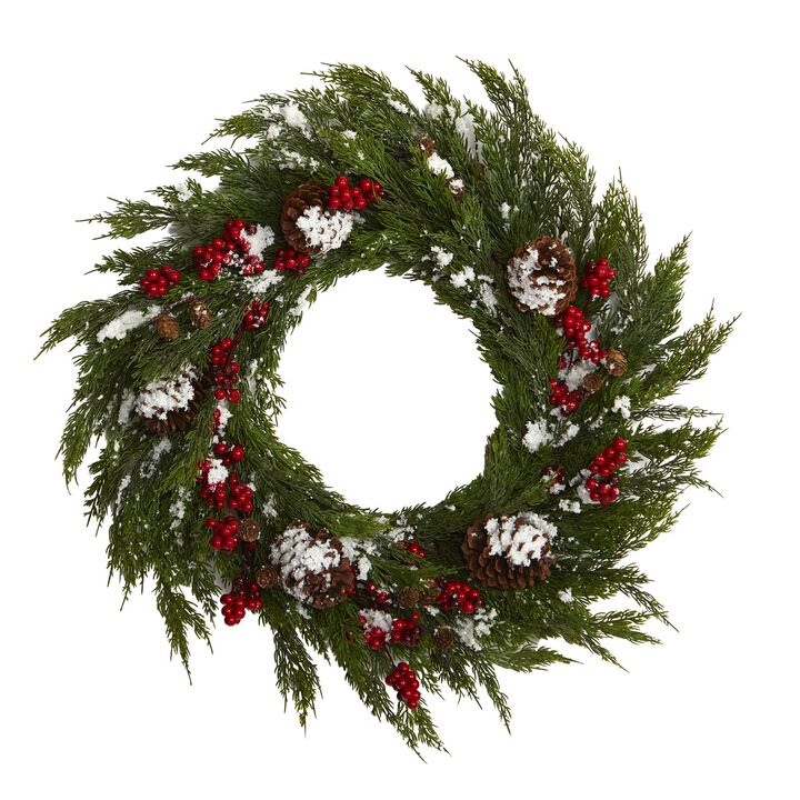 Nearly Natural 28-in Frosted Cypress with Berries and Pine Cones Artificial Wreath