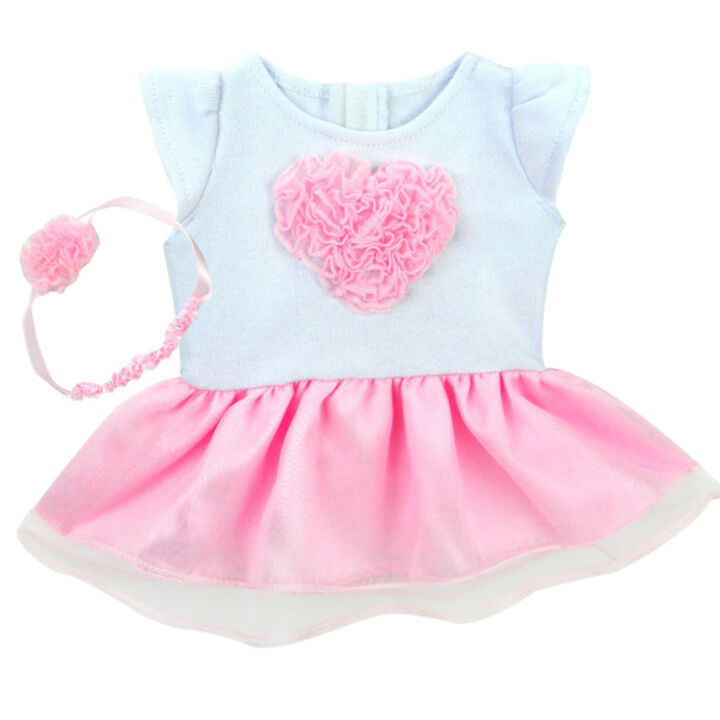 Ruffled Heart and Tulle Skirt Dress for 15" Baby Dolls, White/Pink