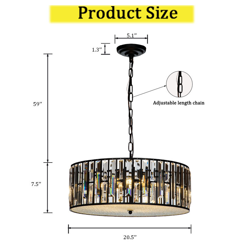 6-Light Black Mondern Farmhouse Lantern Drum Chandeliers With Crystal Accents image number 5