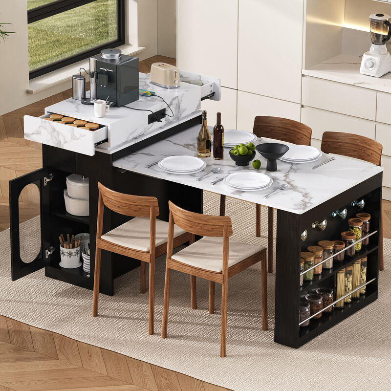 Whisen Extendable Dining Table 57.7"x32.7", Glass & MDF, w/Drawers, Power Outlet, Kitchen Island on Wheels image number 2