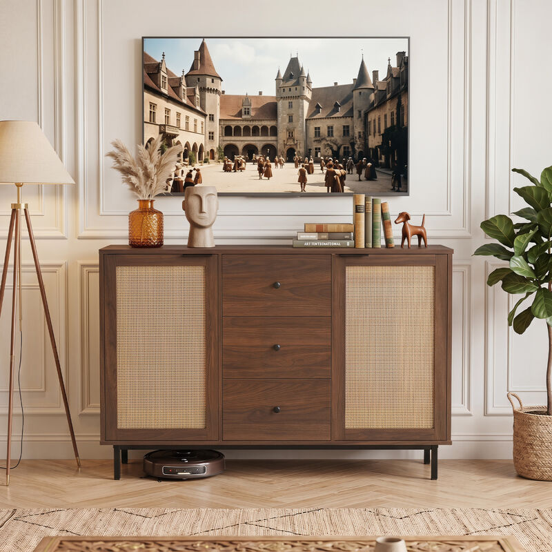 Farmhouse Sideboard Buffet Cabinet with 2 Rattan Doors and 3 Drawers image number 1