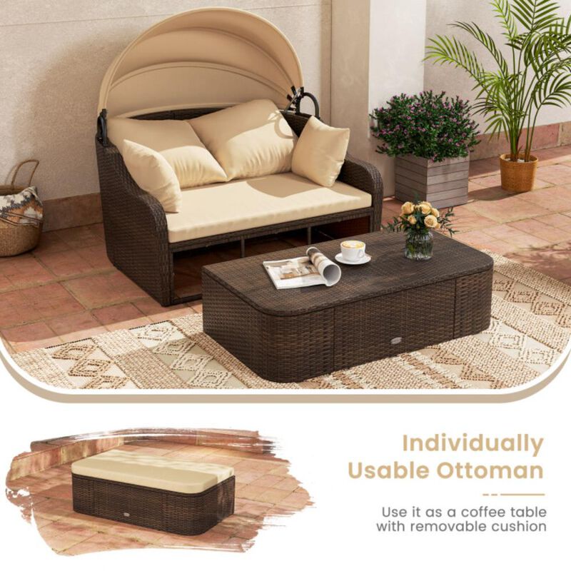 Hivvago Patio PE Rattan Daybed with Retractable Canopy and Soft Cushions