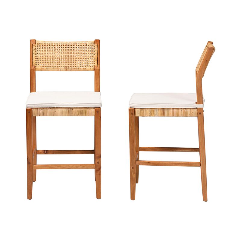 bali & pari Chatura Natural Rattan and Mahogany Wood 2-Piece Counter Stool Set &ndash; Handwoven Wicker Stool with Angled Back, Coastal Boho Seating for Kitchen Island, Counter Height
