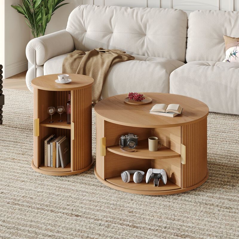 Mid Century Coffee Table Set with Sliding Tambour Door Fluted Round End Table with Storage image number 3