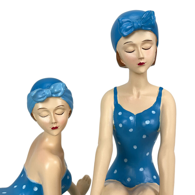 Set of 2 Beach Beauties Sunbathing Figurines Blue Polka Dot Coastal Decor image number 3
