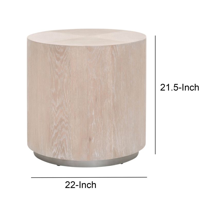 Round Grained Wooden Frame End Table with Metal, Large, Brown and Gray-Benzara