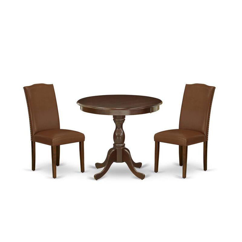 AMEN3-MAH-66 3 Piece DINETTE SET - 1 Wooden Dining Table and 2 Brown Upholstered Chairs - Mahogany Finish