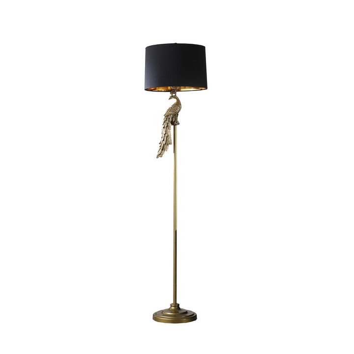 65 Inch Floor Lamp, Peacock, Linen Drum Shade, Pedestal Branch, Gold Finish - Benzara