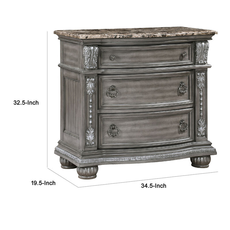Toga 3 Drawer Nightstand, Gray Acacia Wood Carved Details, 35 Inch
