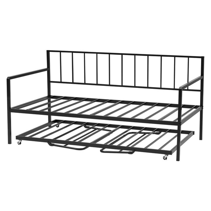 Twin Size Daybed Frame with Trundle, Adjustable Height With LED Light and Charging Station-Black