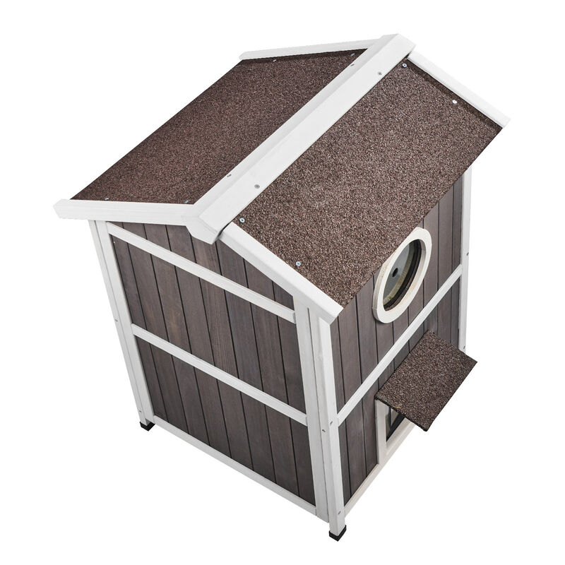 Outdoor Cat House 2-story Wooden Feral Cat Shelter with Roof & Door Flaps