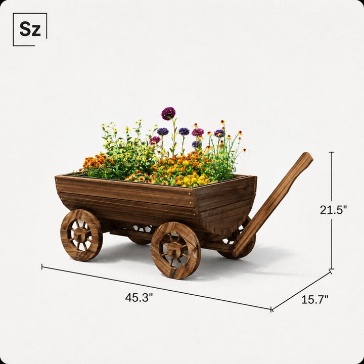 WOW PIONEER Rustic Wooden Wheelbarrow Wagon Planter, Mobile Elevated Garden Flower Cart with Drainage for Patio, Porch, Yard Use