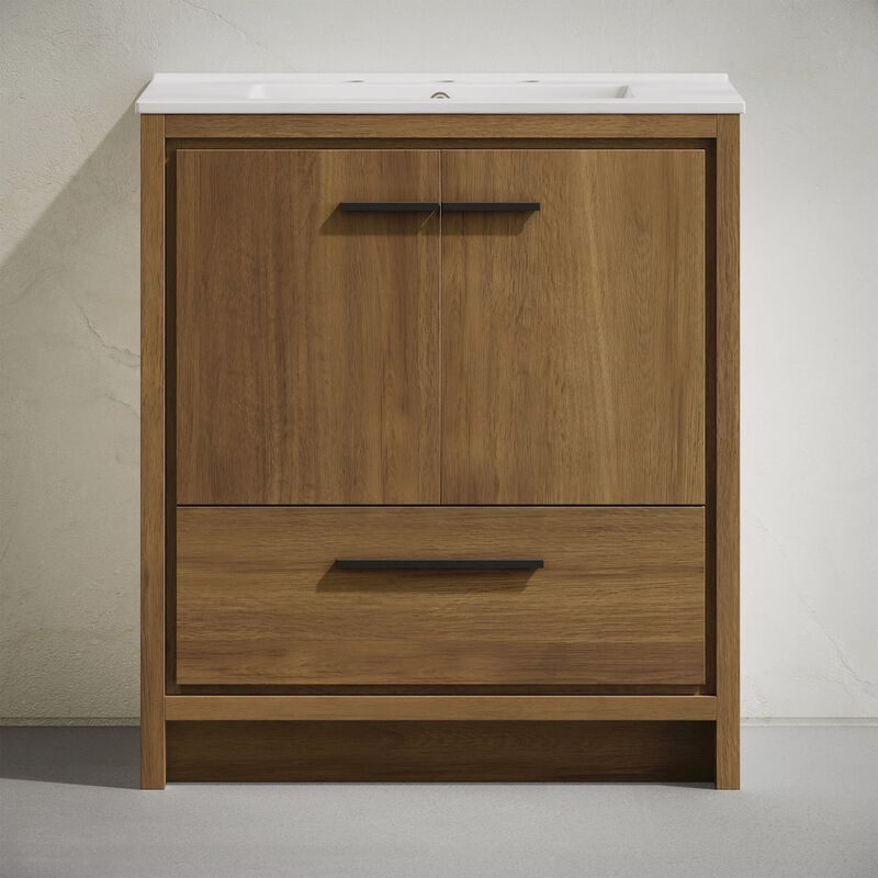 30" Freestanding Bathroom Vanity in Brown Oak with 3-Hole Widespread Sink Top image number 3