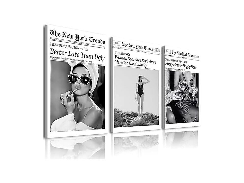 Audrey Hepburn Newspaper Trendy Wall Art Set 3 Framed Bedroom Black White Decor