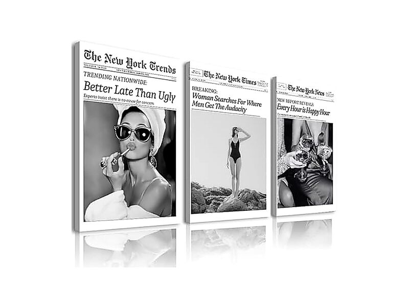 Audrey Hepburn Newspaper Trendy Wall Art Set 3 Framed Bedroom Black White Decor image number 0