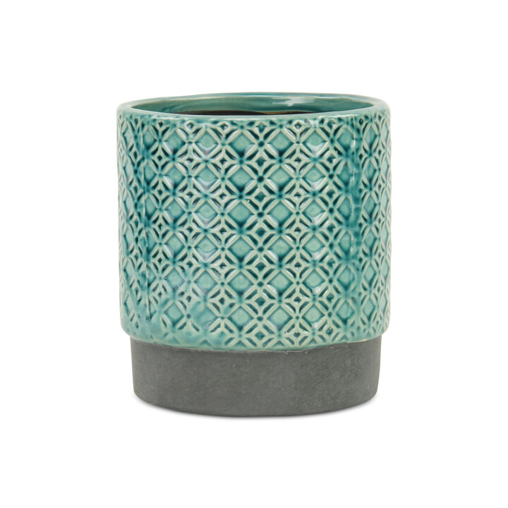 HomeRoots 6" Turquoise Geometric Ceramic Indoor Outdoor Round Pot Planter
